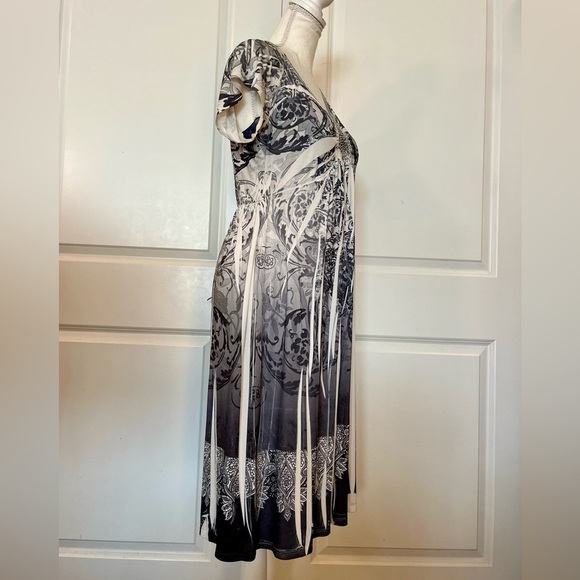 Vtg Y2K Boho Apt.9 Midi Stretch Dress Gray White Pattern Dye Print Scoop Neck MD - Picture 4 of 15